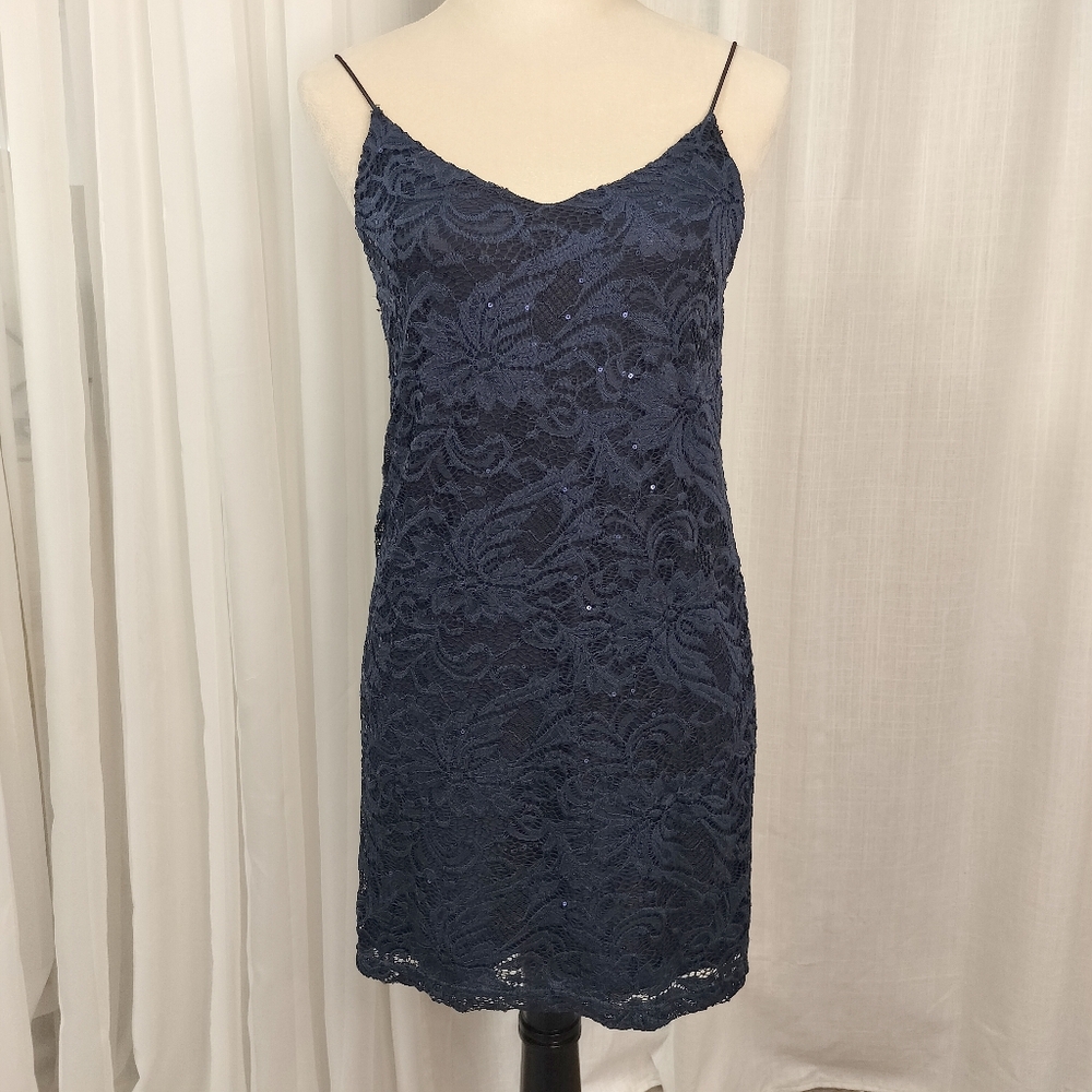 Navy Blue Lace Sequined Navy Mini Dress Womens S Lined Regency Quiet Luxury